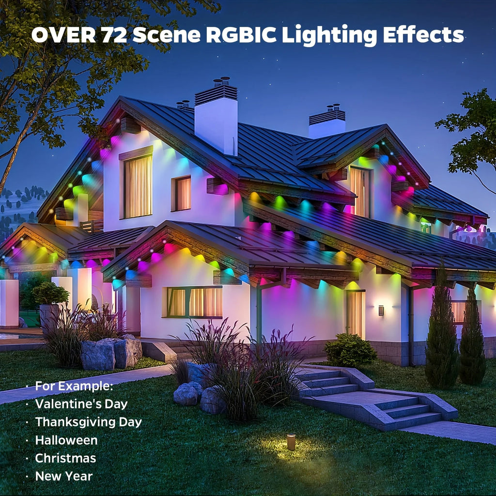 100ft Roof Light - 72 RGB+IC LEDs, IP67 Waterproof, Smart Color Control, Christmas Outdoor Decor