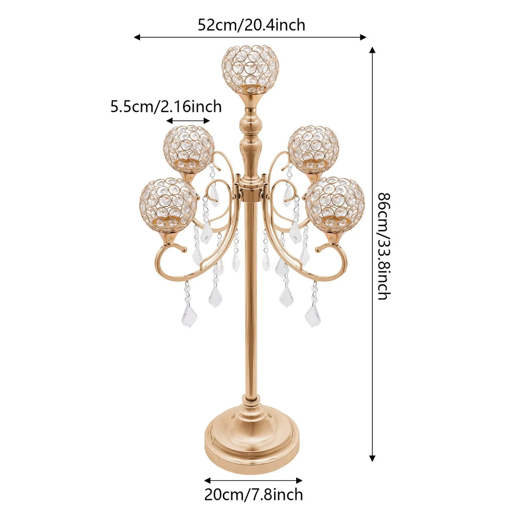 2PCS 5 Arms Crystal Candelabra Candle Holder Golden Table Centerpieces Wedding Decoration