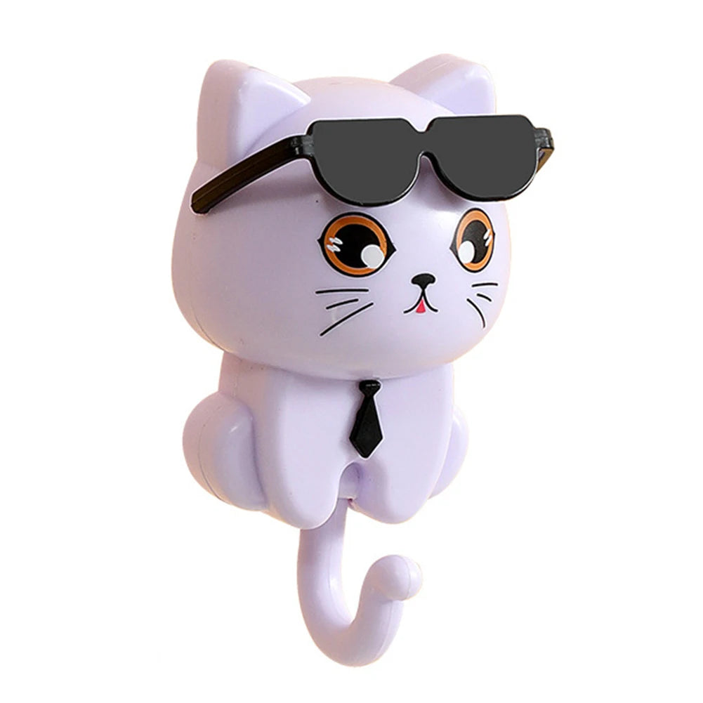 1-3Pcs Wall Key Holder Creative Cartoon Cat Hook Self Adhesive Wall-mounted Hooks with Sunglasses for Wall Decorative Hooks