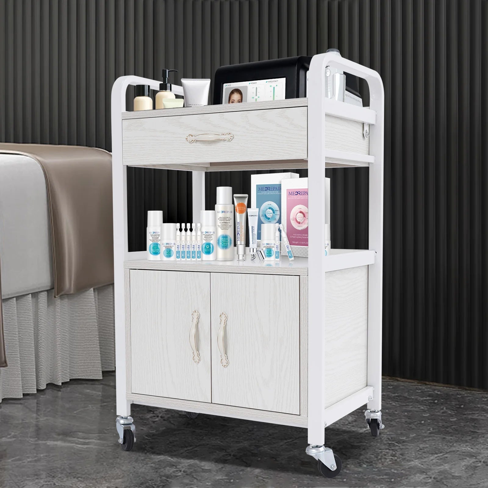 Salon High-density Wood Panels Storage Cart,White Rectangle Free Standing Movable Beauty Organizer 51*33*83cm for Beauty Salons