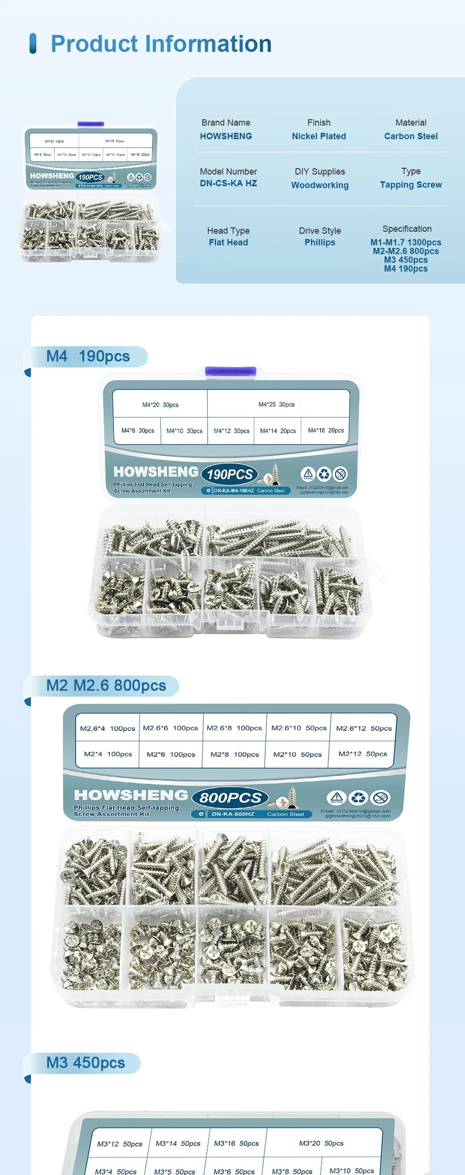 190/450/800/1300pcs Cross Flat Head Self-tapping Screws Set Assortment Kit Nickel Plated M1-M4 Phillips Head Wood Screw