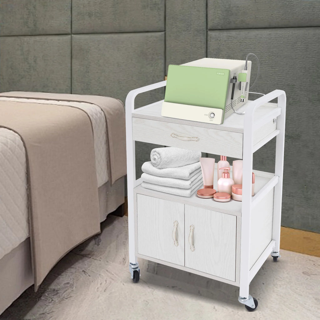 Salon High-density Wood Panels Storage Cart,White Rectangle Free Standing Movable Beauty Organizer 51*33*83cm for Beauty Salons