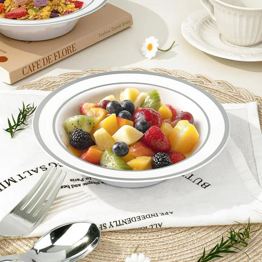 100 Pack 12 oz Plastic Disposable Soup Bowls, White Dessert Bowls with Silver Rim, Heavyduty Salad Bowl for Party, Wedding, Chri