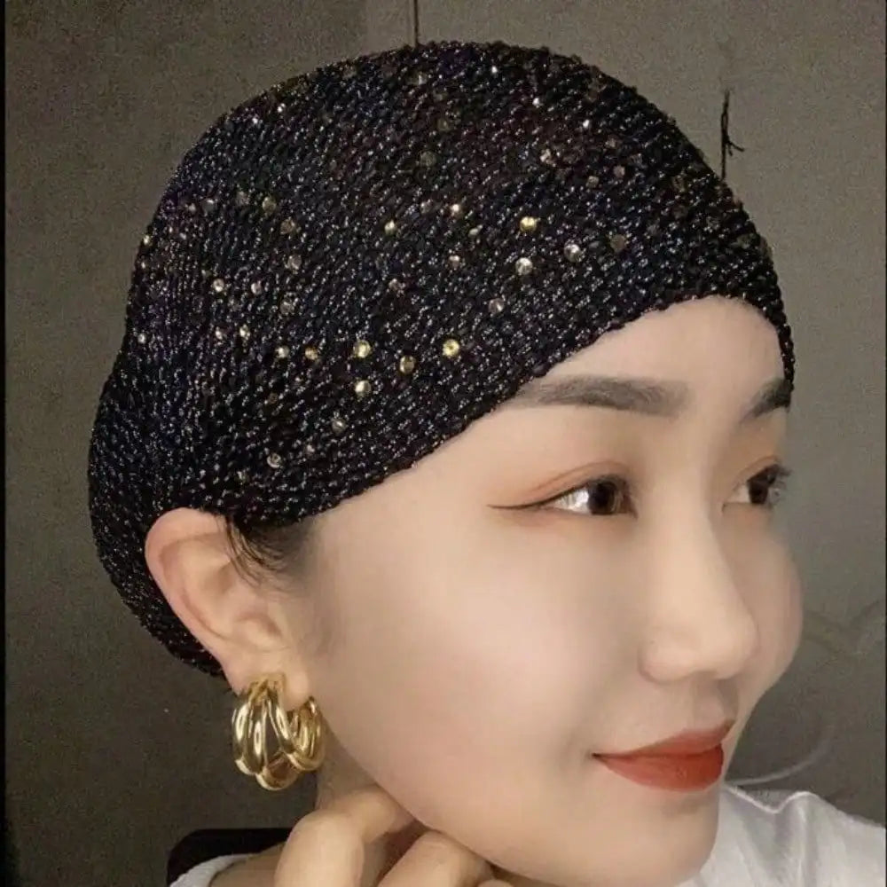 1Pc White Hair Bonnet - Elastic Breathable Full Cover with Rhinestone, Gift & Daily Use