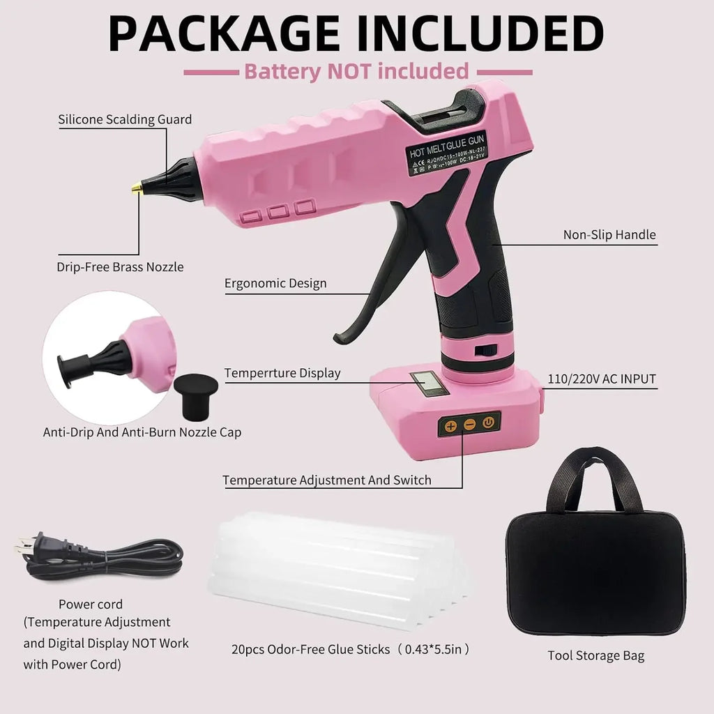 100W Cordless Hot Glue Gun for Dewalt 20V MAX Battery with 20PCS Full Size Glue Sticks, Digital Temperature Adjustable High
