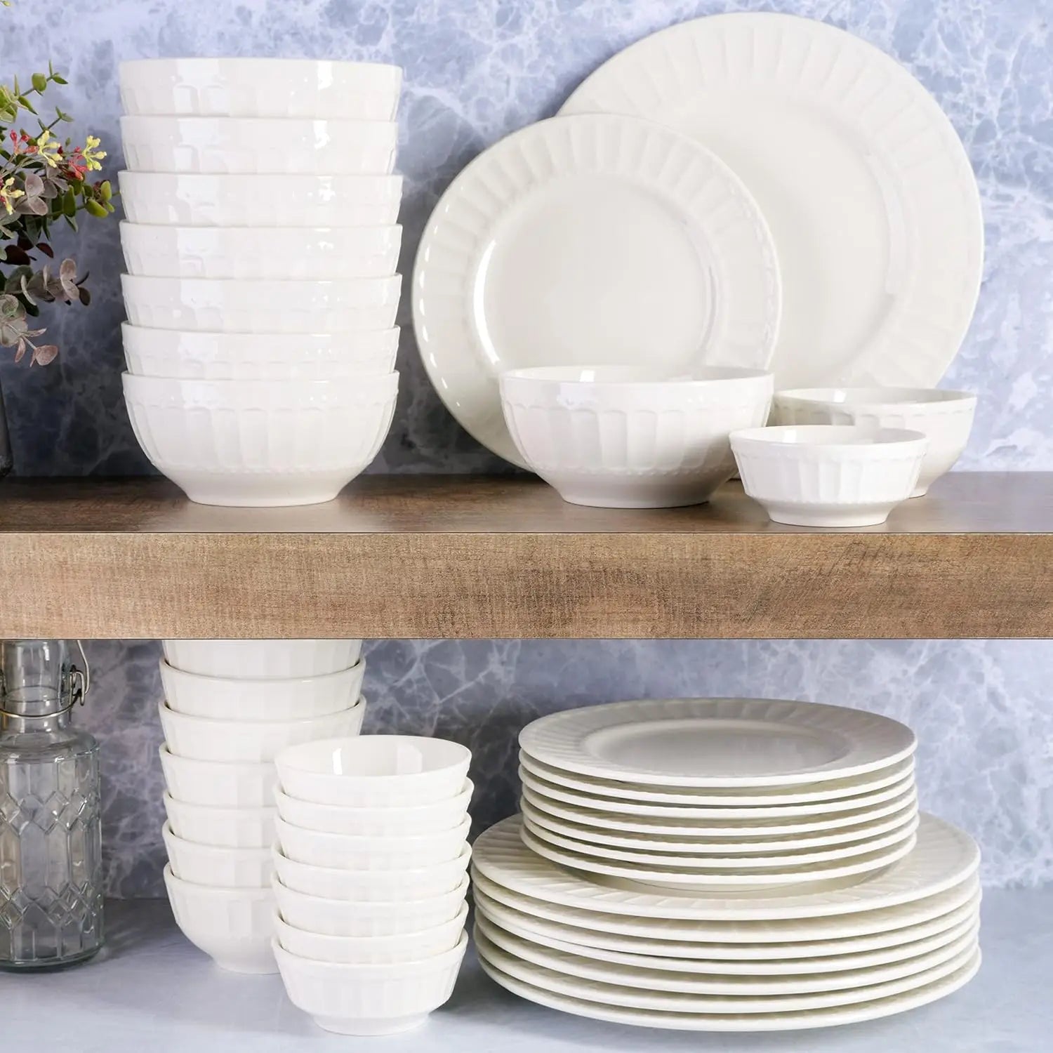 Zen Buffet Porcelain Ceramic Dinnerware Set for 8, 40-Piece White Embossed Plates and Bowls