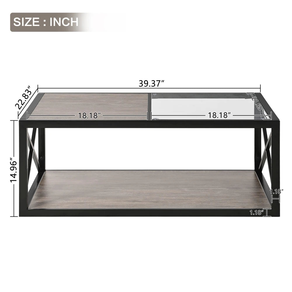 Modern coffee table for Bedroom & Living Room, Tempered Glass&Rustic Wood Grain MDF, Industrial Style coffee table