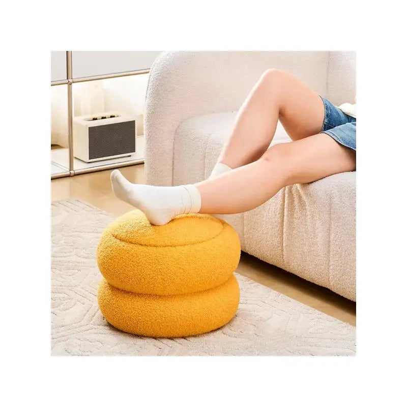 Round Velvet Storage Ottoman with Tray, Macaron-Shaped Footrest & Side Table for Living Room, Bedroom & Hallway Decor - Yellow