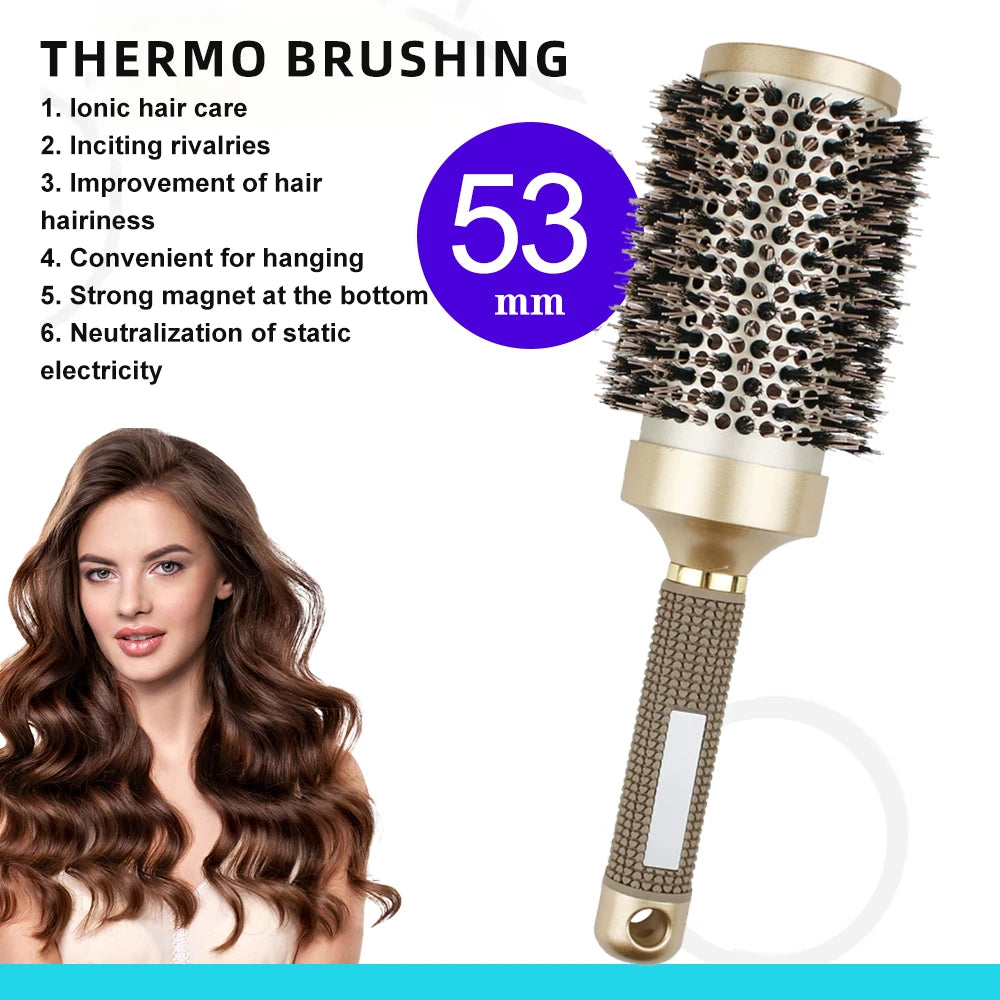 Gute Boar & Nylon Roller Brush - Gold Non-Slip Handle, Curl Defining Barrel - Salon Home Styling