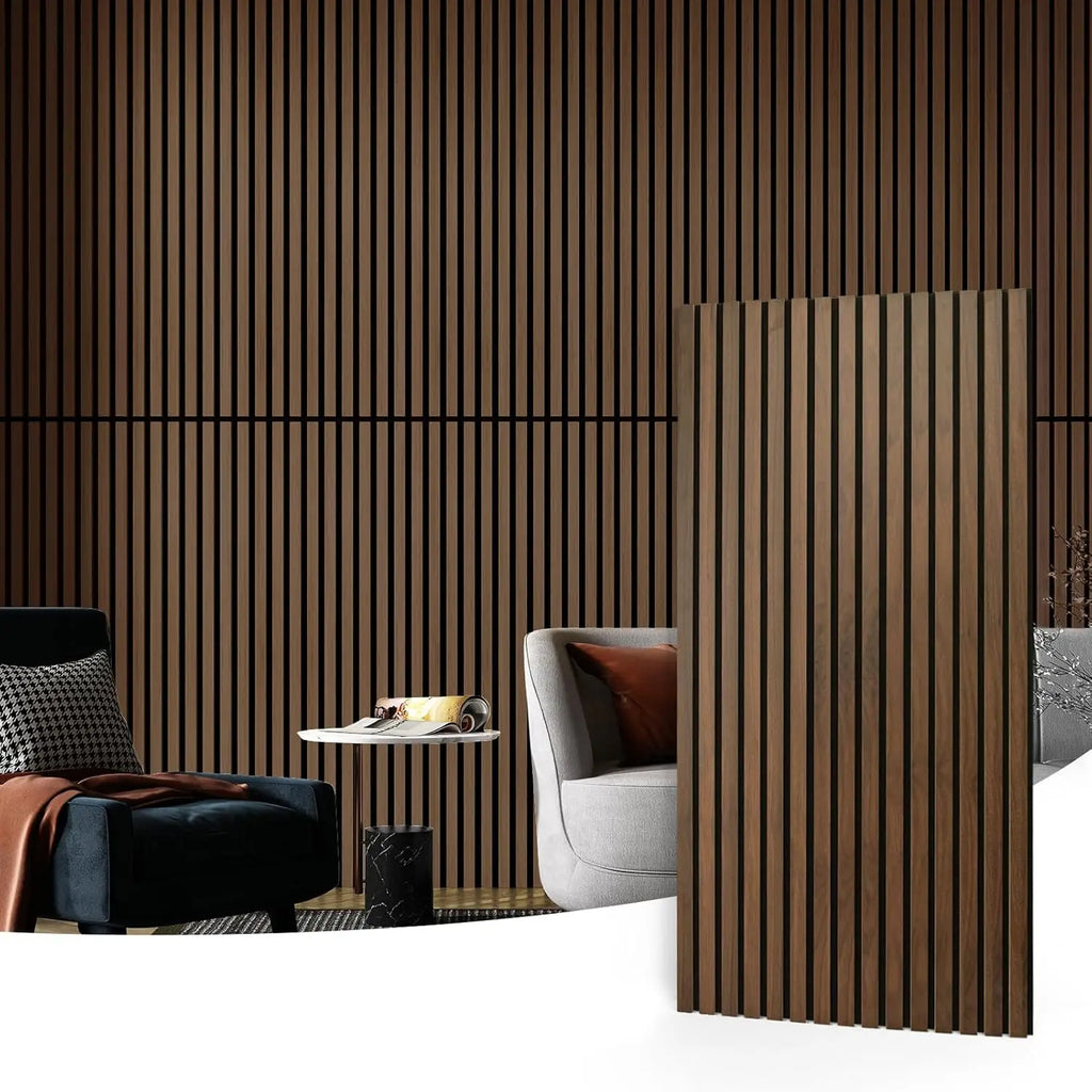 4 Pack Wood Slat Acoustic Panels for Wall and Ceiling - Dark Walnut Finish, 3D Fluted Design for Sound Absorption
