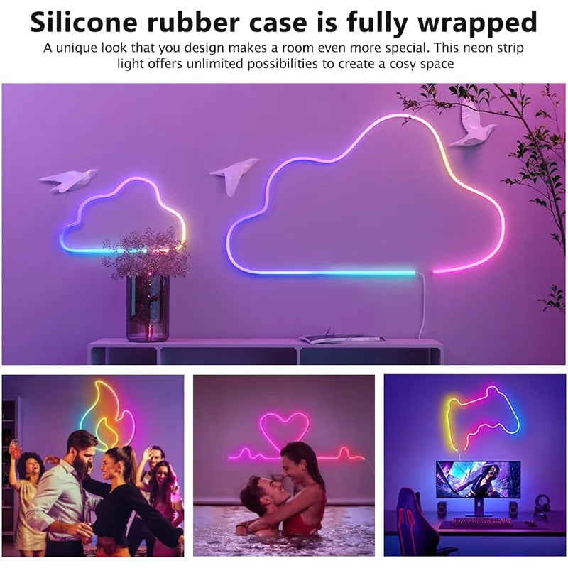 TUYA Neon LED Strip Lights 5V 72LEDs/M Silicone Neon Rope Light with Music Sync RGBIC Dreamcolor Chasing Strip Tape for Room