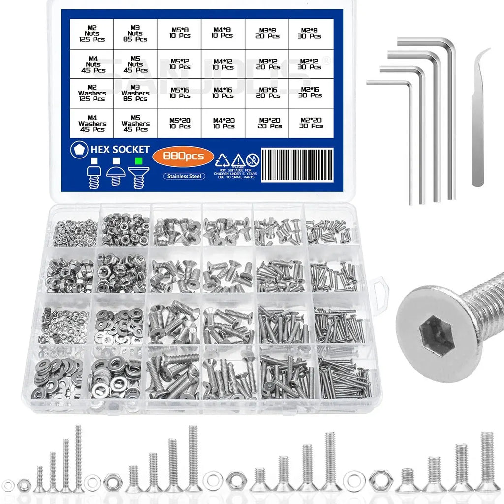 880Pcs Stainless Steel 304 Hex Socket Flat Head Screws Assortment Kit M2 M3 M4 M5 Countersunk Bolts Set with Storage Box