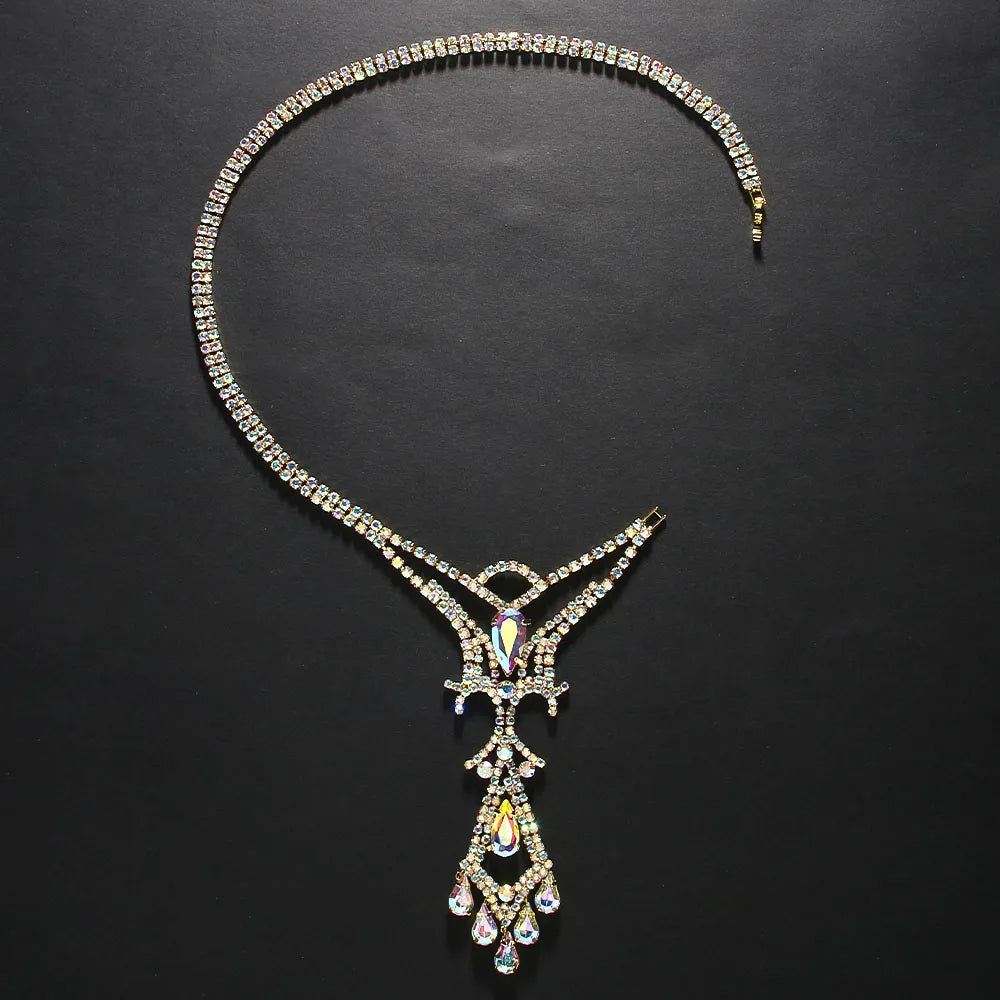 Stonefans Colorful Geometric Back Chain Necklace Belly Dance Jewelry Fashion Water Drop Rhinestone Back Chain Dress for Women