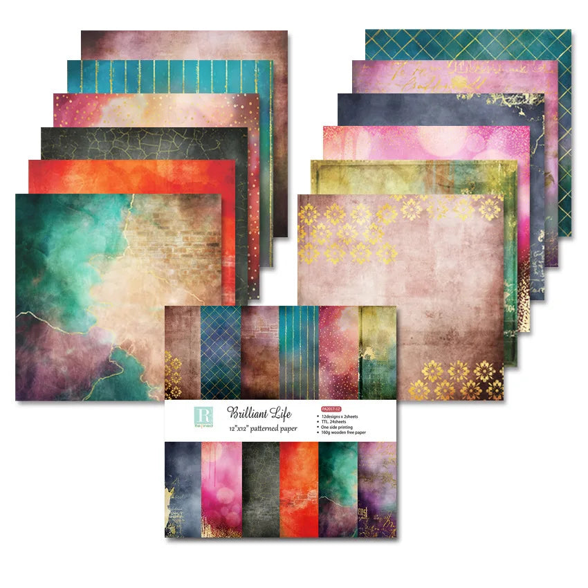 24 Sheets 30x30cm Craft Scrapbooking Paper Pad Watercolored Single-Side Printing Junk Journal Cardstock Supplies for Card