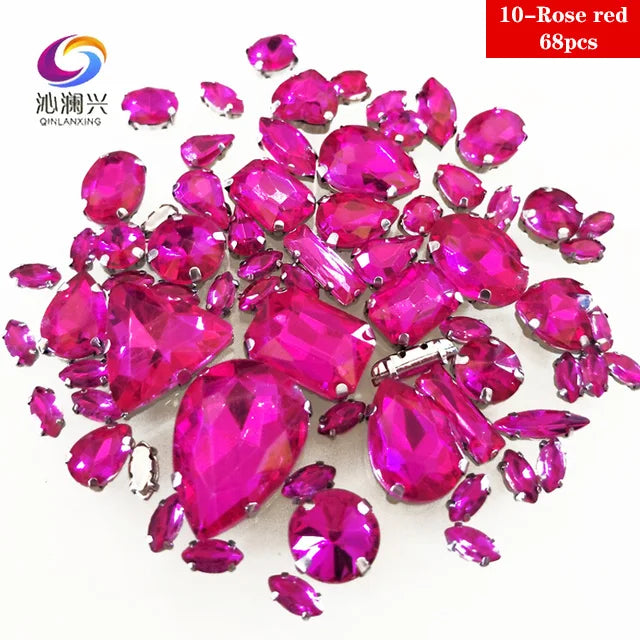 68Pcs Mix Crystal Sliver Claw Setting Rhinestones Sewing Clothe For Needlework Stone DIY Sew On Wedding Dress Shoes Bags