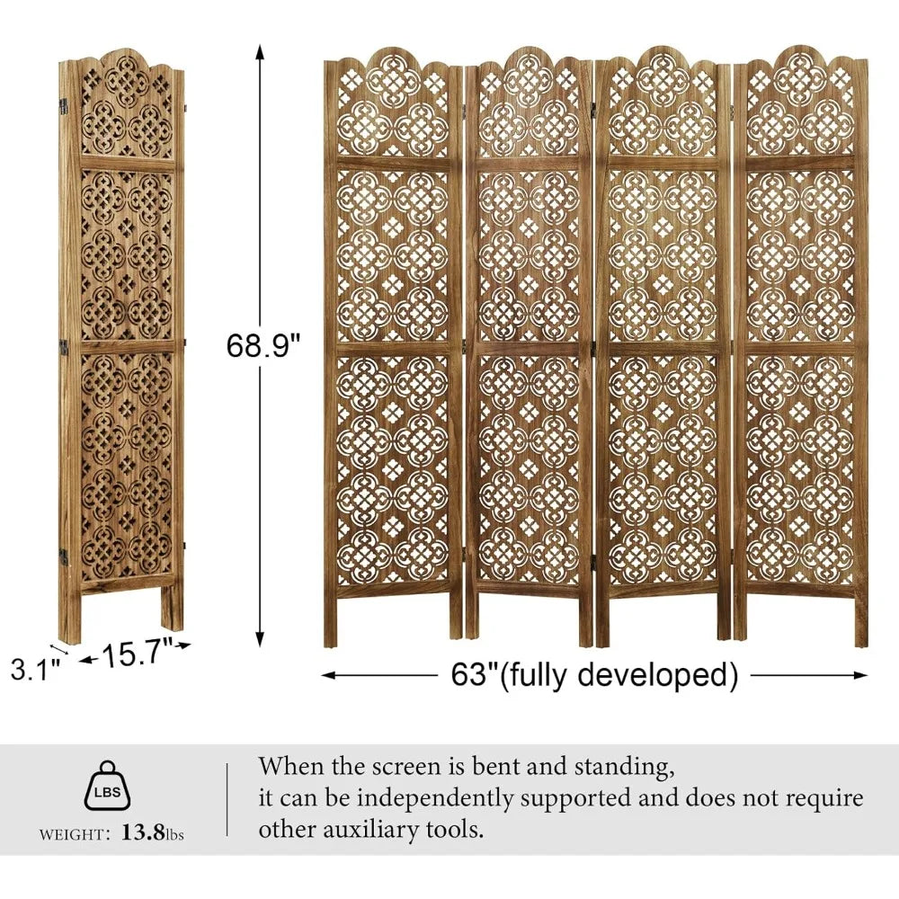 Folding Room Divider, 4 Panels Wood Carved Privacy Screens - Ideal Decorative Partition for Home, Office, Restaurant, B
