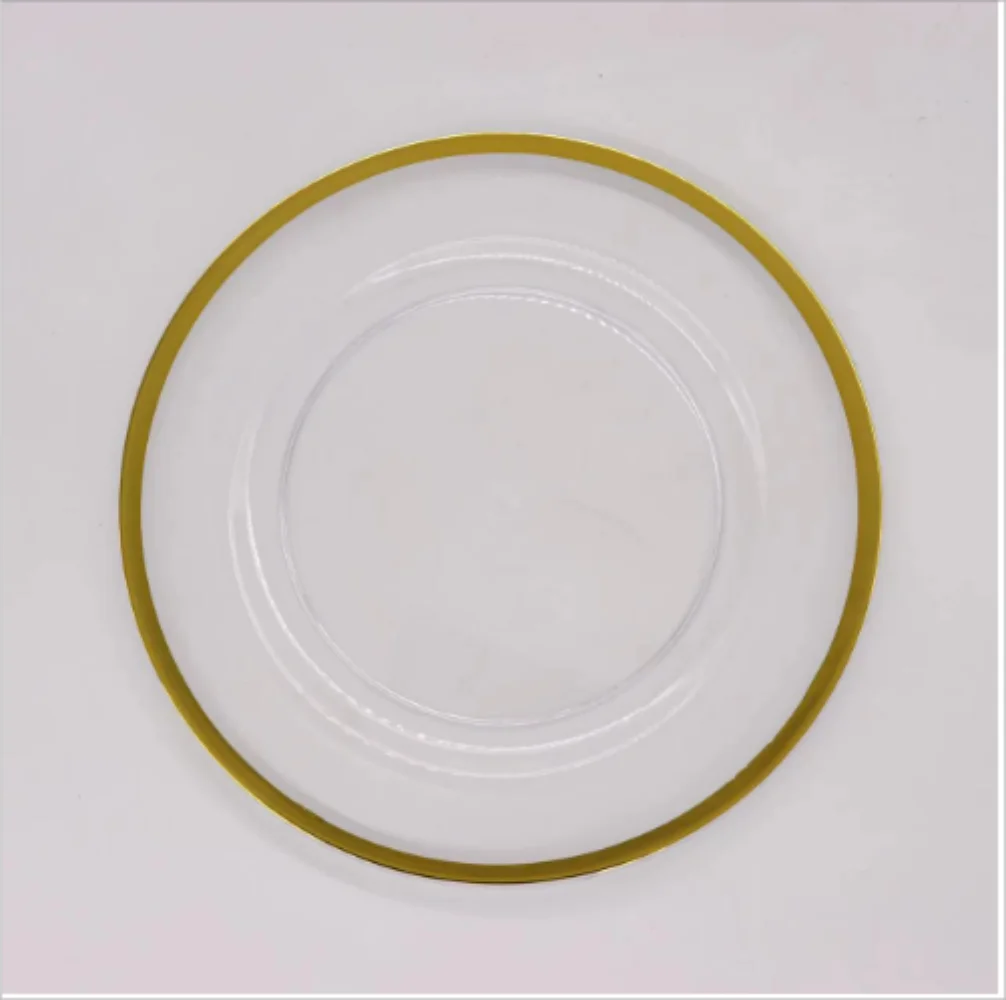 4PCS Plastic Charger Plates 13 Inch Round Dinner Chargers with Gold Rim for Dinner Plates Clear Service Plates for Birthday