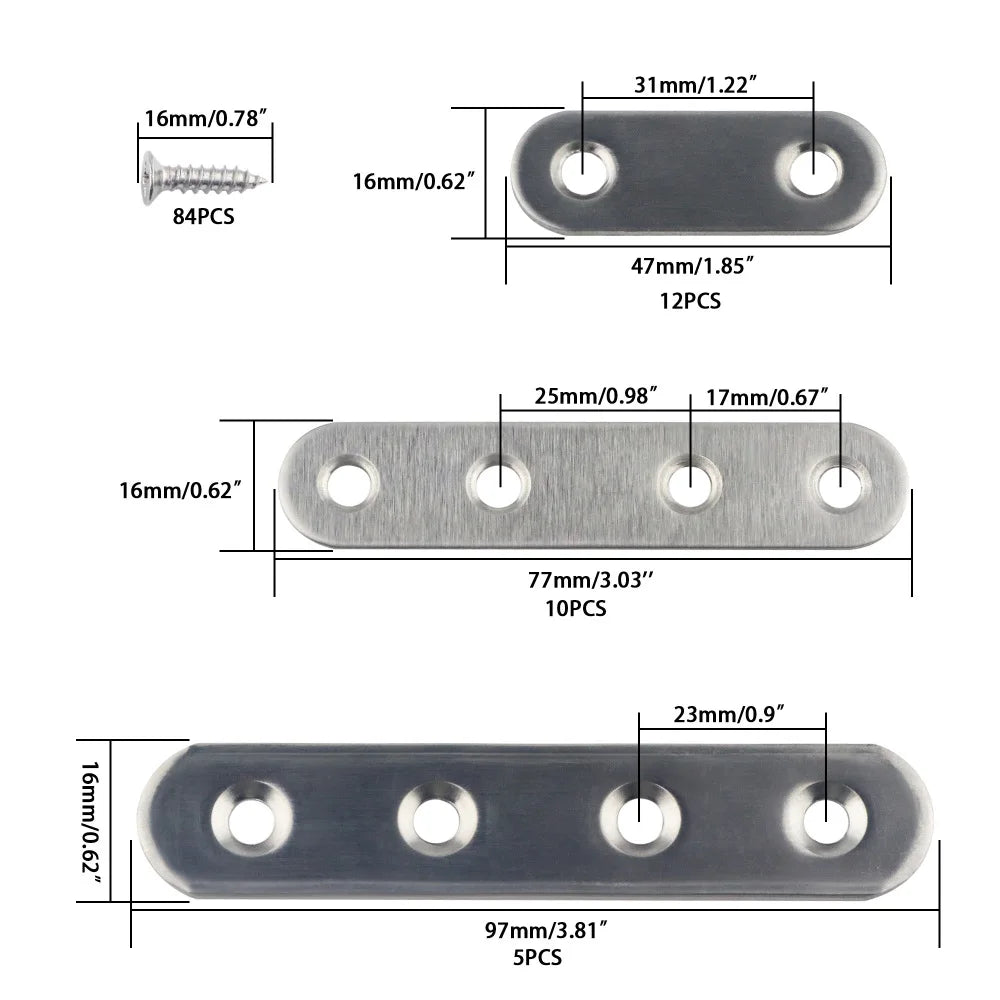 5 Pcs Stainless Steel Flat Metal Fixing Corner Brace Bracket, (Silver)16size for Furniture, Wood, Shelves, Cabinet