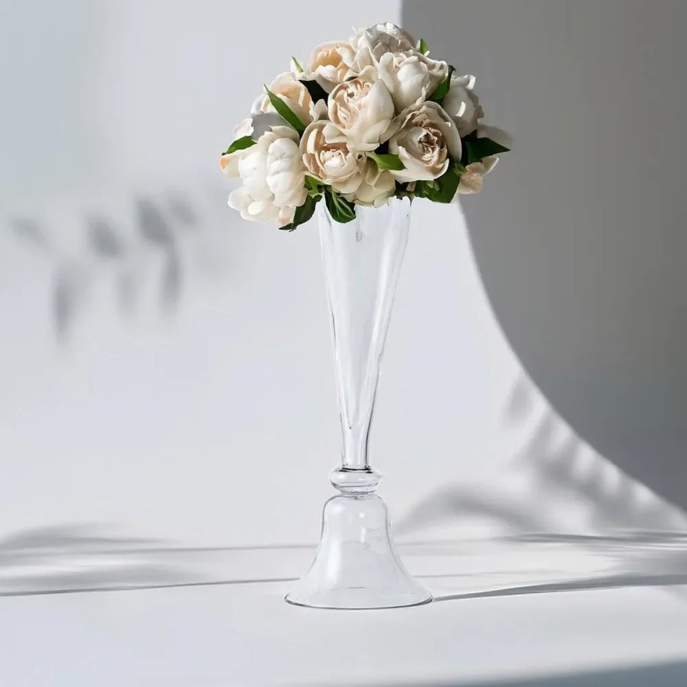Reversible Clarinet Glass Trumpet Vases Set of 2, 28 Inch Tall, Clear Glass for Weddings, Events, and Home Decor