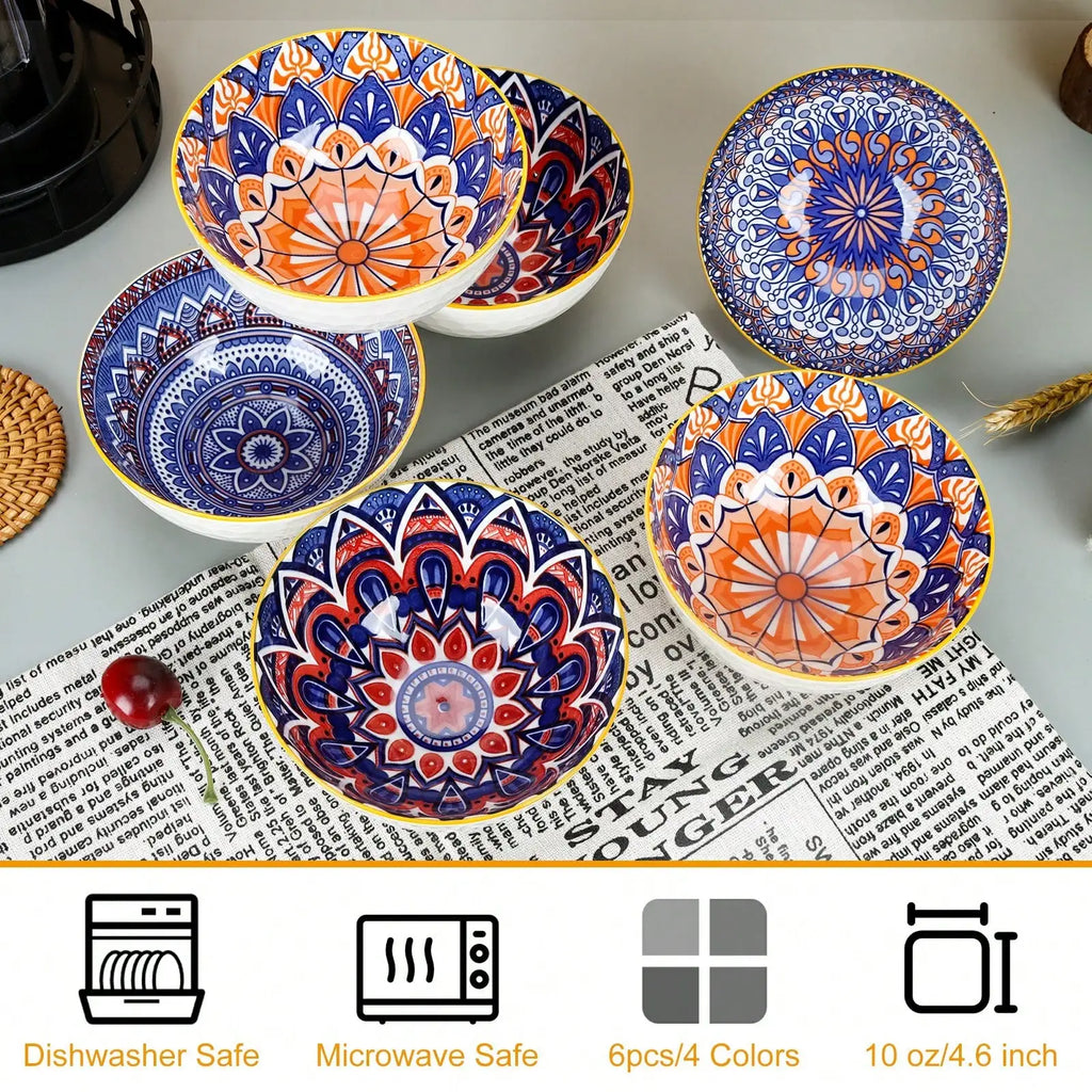 6Pcs 10Oz Bohemian Ceramic Bowl Set Microwave Safe Cereal Soup Salad Gift Bowls