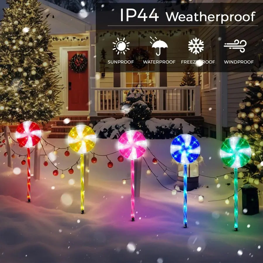 Christmas Decorations Solar Pathway Lights, Set of 5 Lollipops Peppermint Stake Lights, 8 Modes Candy Cane Walkside Lights, Outd