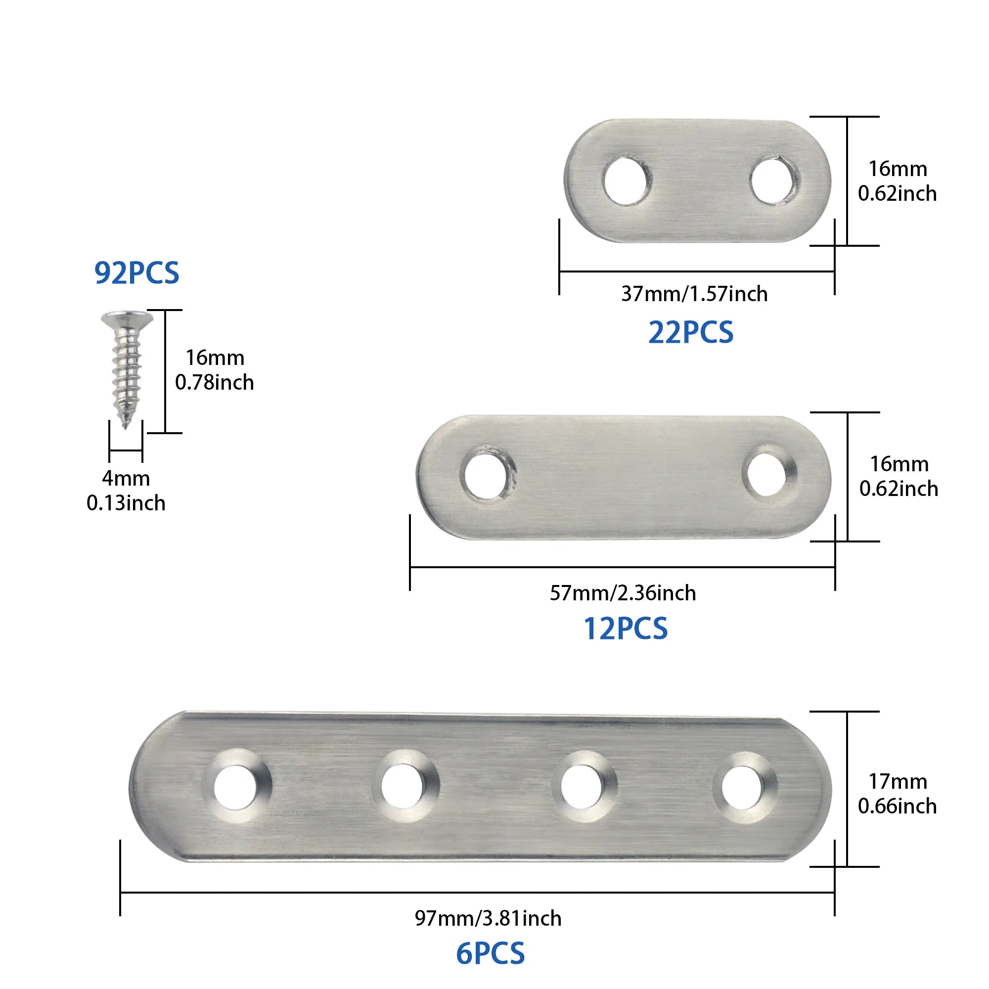 5 Pcs Stainless Steel Flat Metal Fixing Corner Brace Bracket, (Silver)16size for Furniture, Wood, Shelves, Cabinet