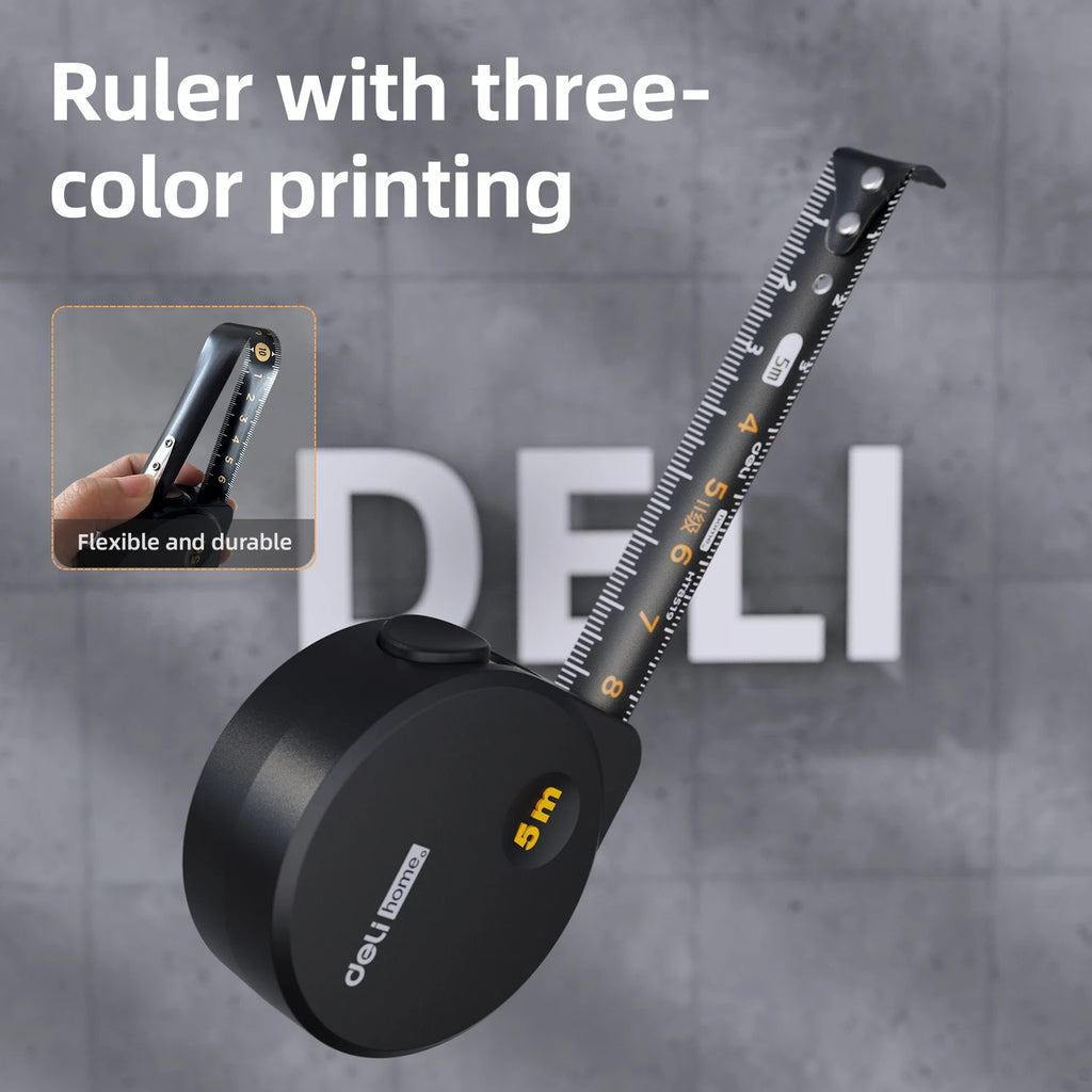 Deli Tools 1 Pcs 5M Measuring Tape Black Carbon Steel Material High Quality Household Woodworking Portable Measuring Tool