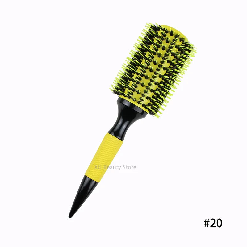 Professional 1PC 6 Sizes Round Wooden Hair Brush Boar Bristle Mix Nylon Salon Women Hair Styling Tools Yellow Brazil Hair Curler