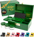 Large Bamboo Storage Box with Lock, Magnetic Lid, Organizer Tray, Jars & Brush - Portable Wooden Decorative Kit in Green/Gold