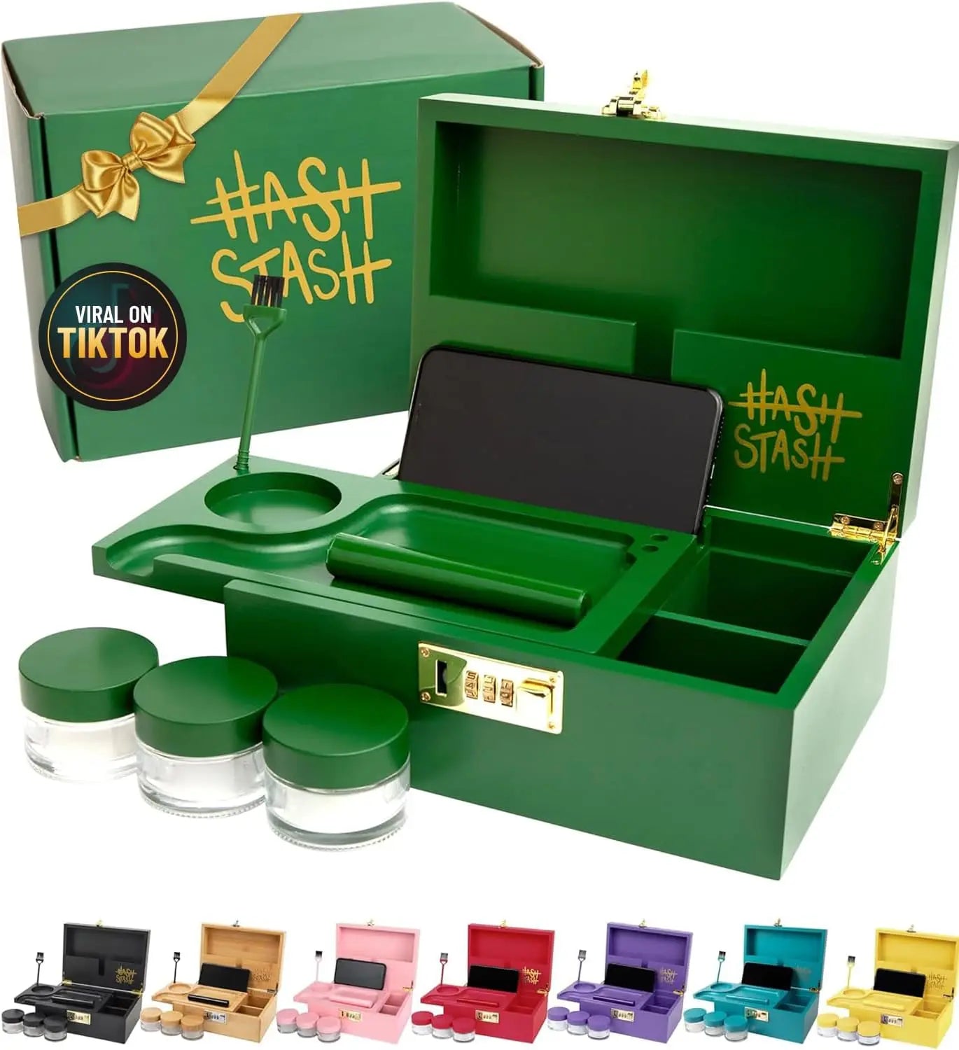 Large Bamboo Storage Box with Lock, Magnetic Lid, Organizer Tray, Jars & Brush - Portable Wooden Decorative Kit in Green/Gold