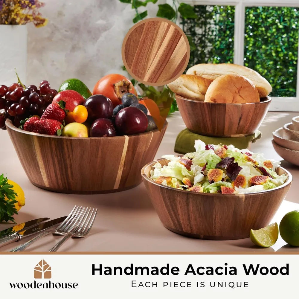 Wooden Bowls, Wooden Salad Bowl Set of 3 - Round Design Large Salad Bowl Set Wood Dining Accessory