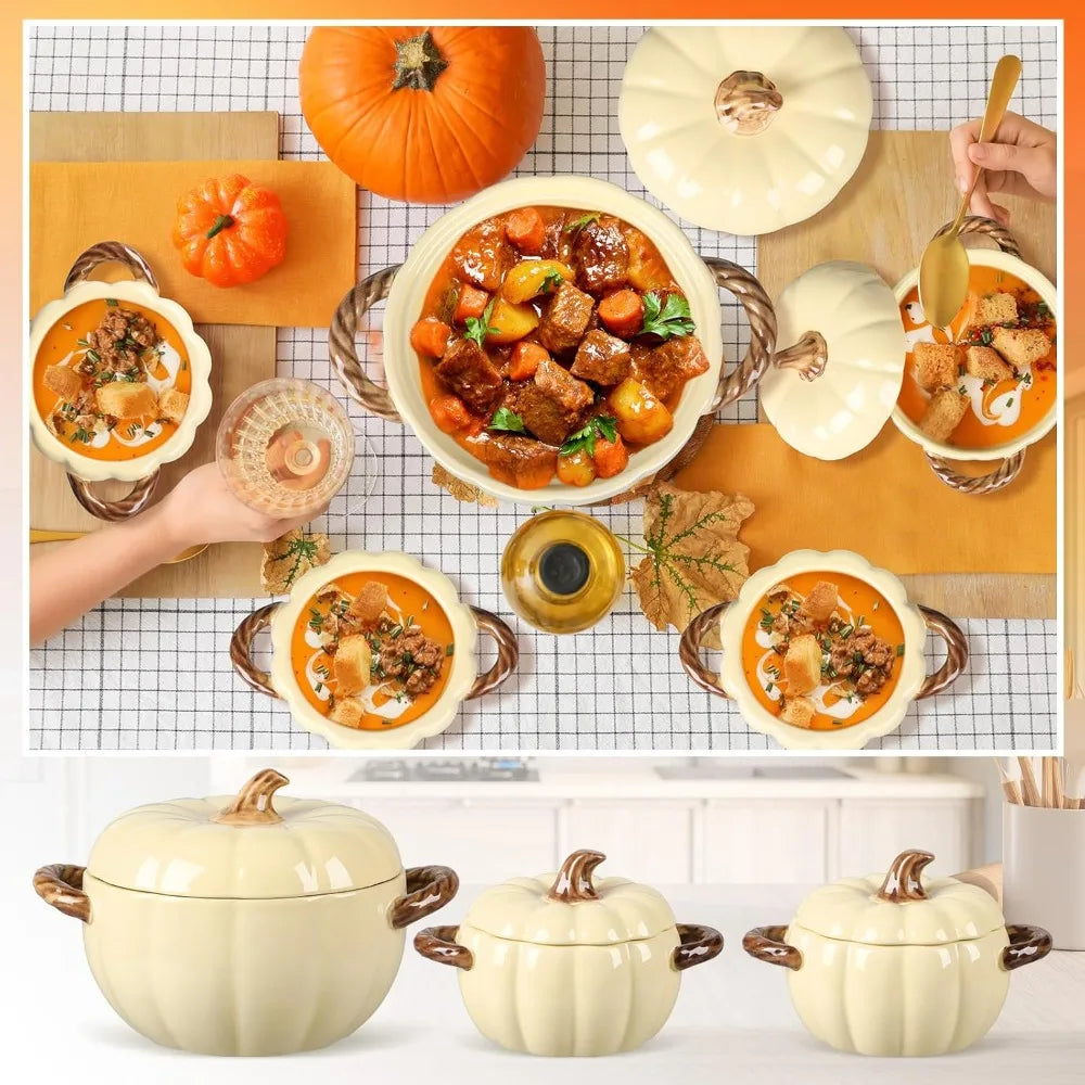Set of 5 Ceramic Pumpkin Bowls with Lid and Handles Pumpkin Shape Soup Serving Pot Storage Jar
