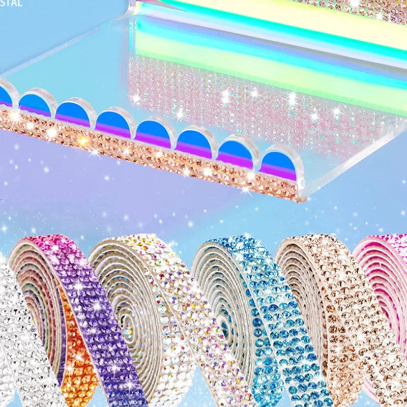4/8 Row 1Yard Self Adhesive Crystal Rhinestone Sticker Diamond Color Ribbon Strip For DIY Phone Clothes Arts Crafts Decor