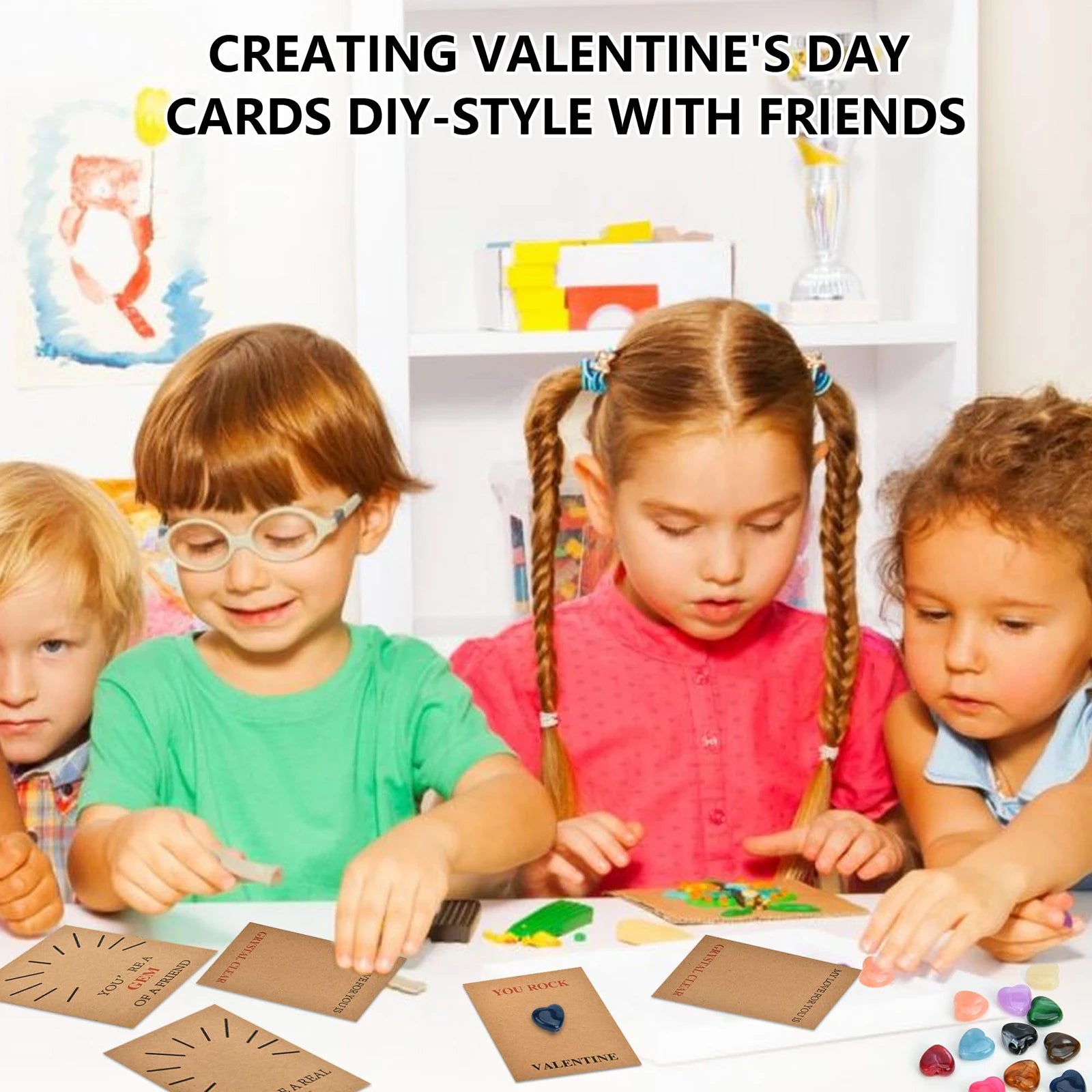24 Pack Valentine Exchange Card with Heart-Shape Crystal Stone Valentines Cards for Boys Girls School Classroom Party Favors