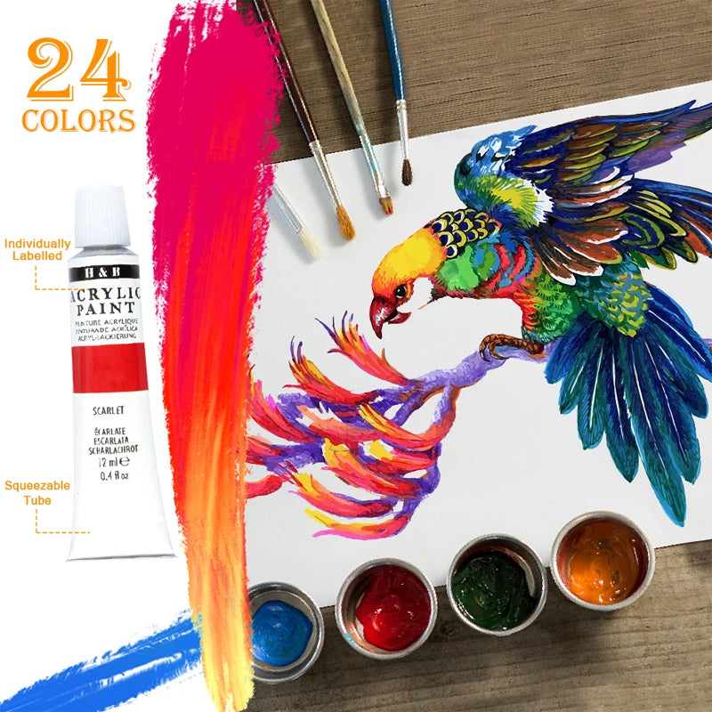 H&B 24 Colors Acrylic Paint Set Pigment 야광도료 Art Supplies акриловые краски 야for for Metal Plastic Ceramic Leather Wood Glass