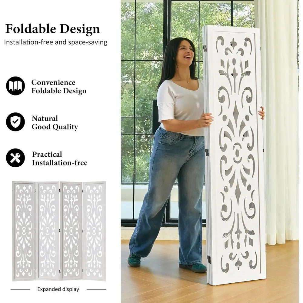 4-Panel White Classic Carved Wooden Room Divider for Home, Office, or Garden