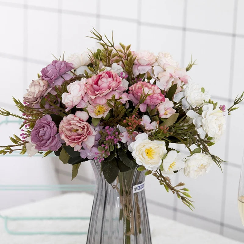 5 Forks 8 Heads Artificial Flowers Small Peony Bouquet Wedding Decorative Plants Wreaths Vases for Home Decoration Accessories