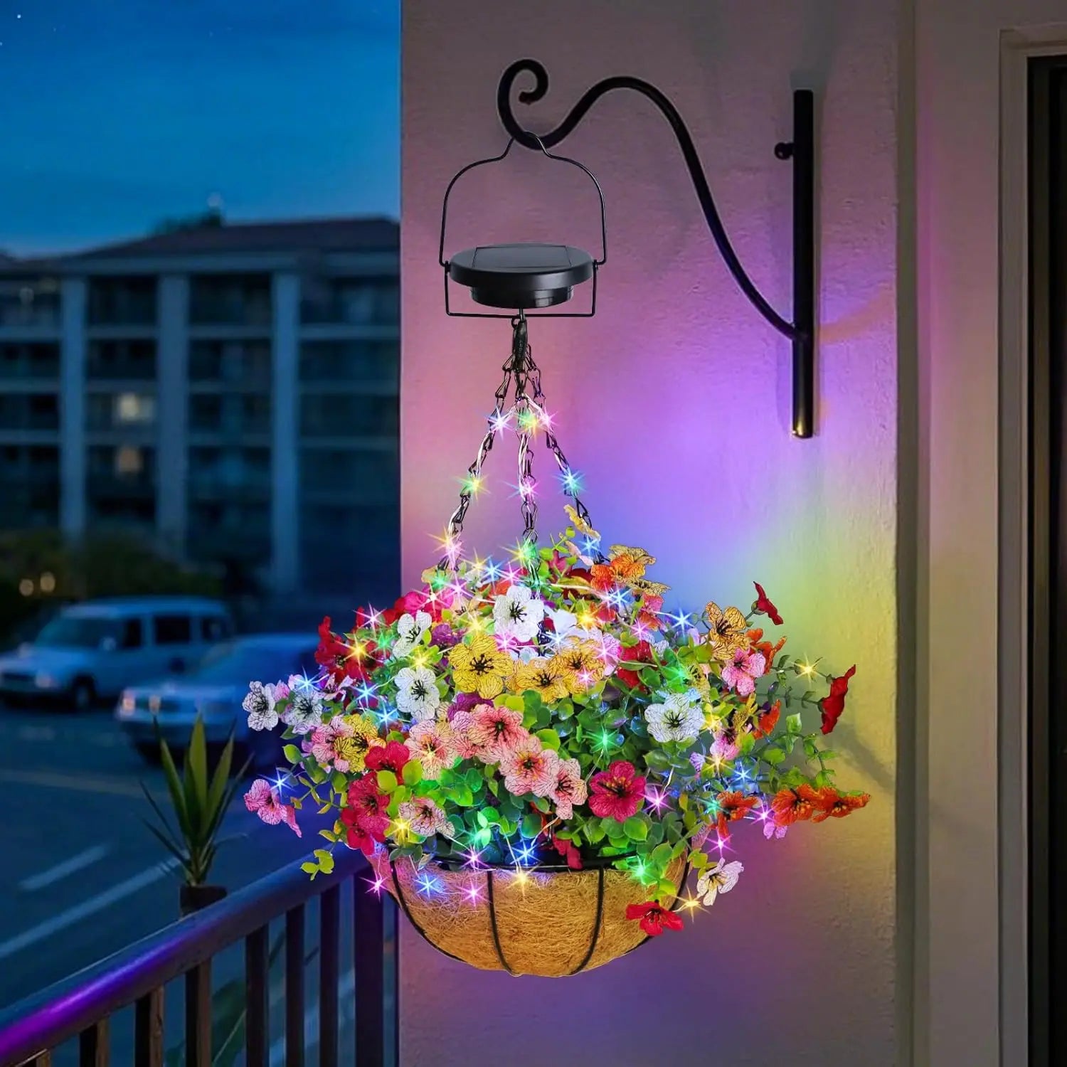 Solar-Powered Hanging Flower Basket Lights Outdoor Porch Lawn Christmas Garden Decor DIY Copper Wire RGB Lights with Solar Panel