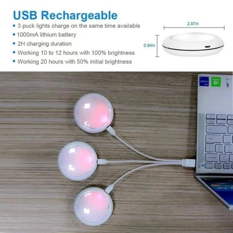 USB Rechargable RGBW LED Cabinet Light Puck Lamp 16 Colors Timmer Remote Under Shelf Kitchen Counter Lighting