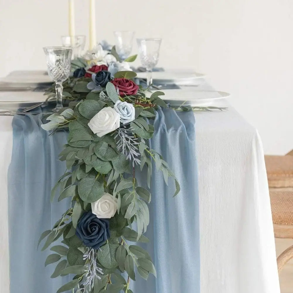 Dusty Blue Sheer Chiffon Table Runners with Silver Sparkle, Set of 6, for Rustic Boho Wedding Shower Party