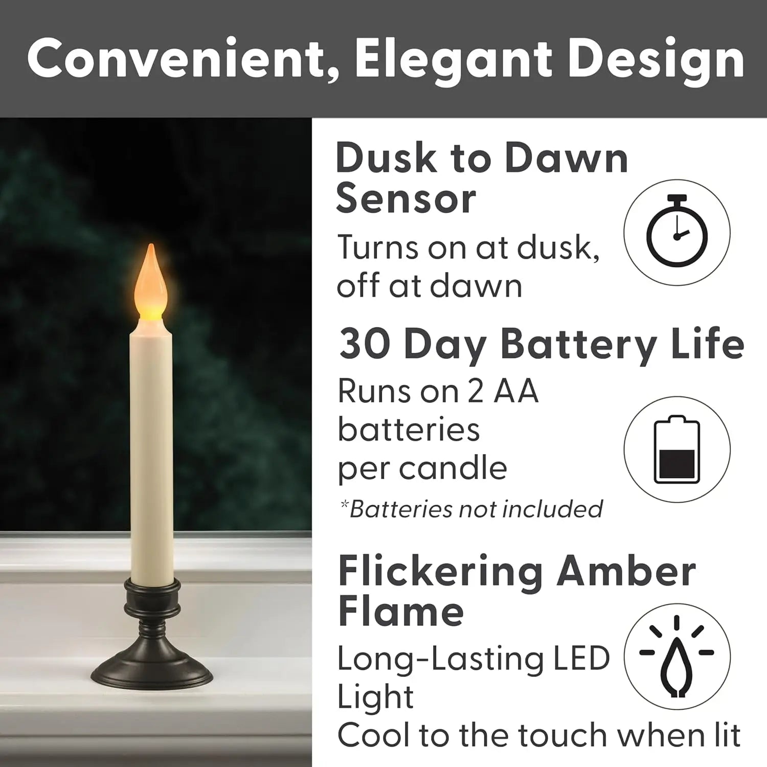 Battery LED Window Candle with Dusk-to-Dawn Sensor, Amber Flicker Flame, 8-7/8 Inch, Bronze Base - 4 Pack