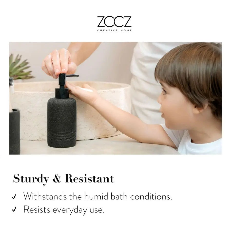 Black Stone Bathroom Accessories Set 6 Pieces Toothbrush Holder, Lotion Dispenser, Qtip Container, Vanity Tray, Tumbler Countert
