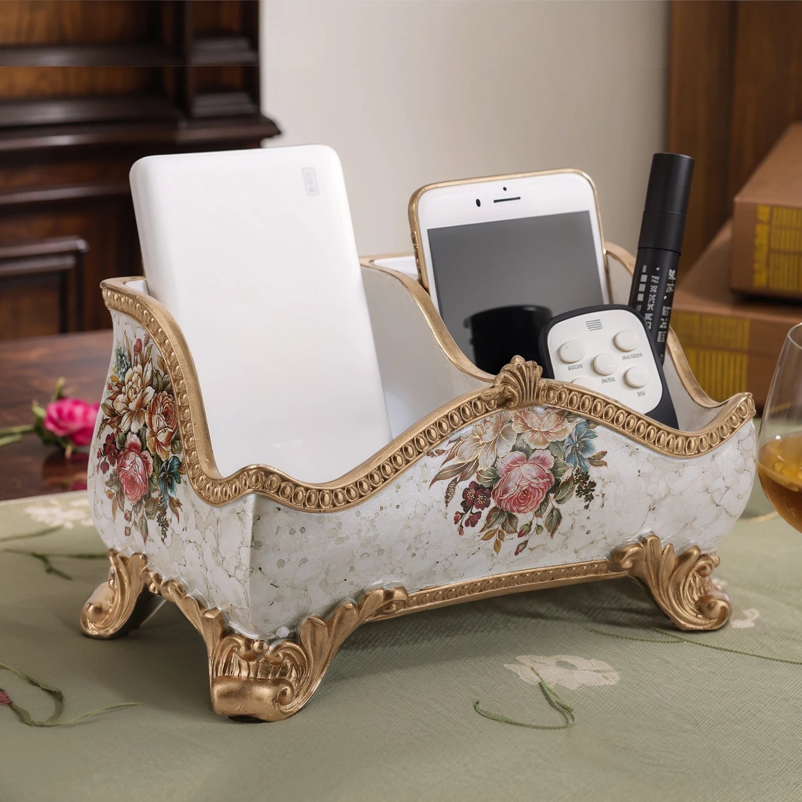 Vintage Floral Resin Tray Remote Control Holder & Desk Organizer Three Compartment Vanity Holder Desk Organizer Home Decor