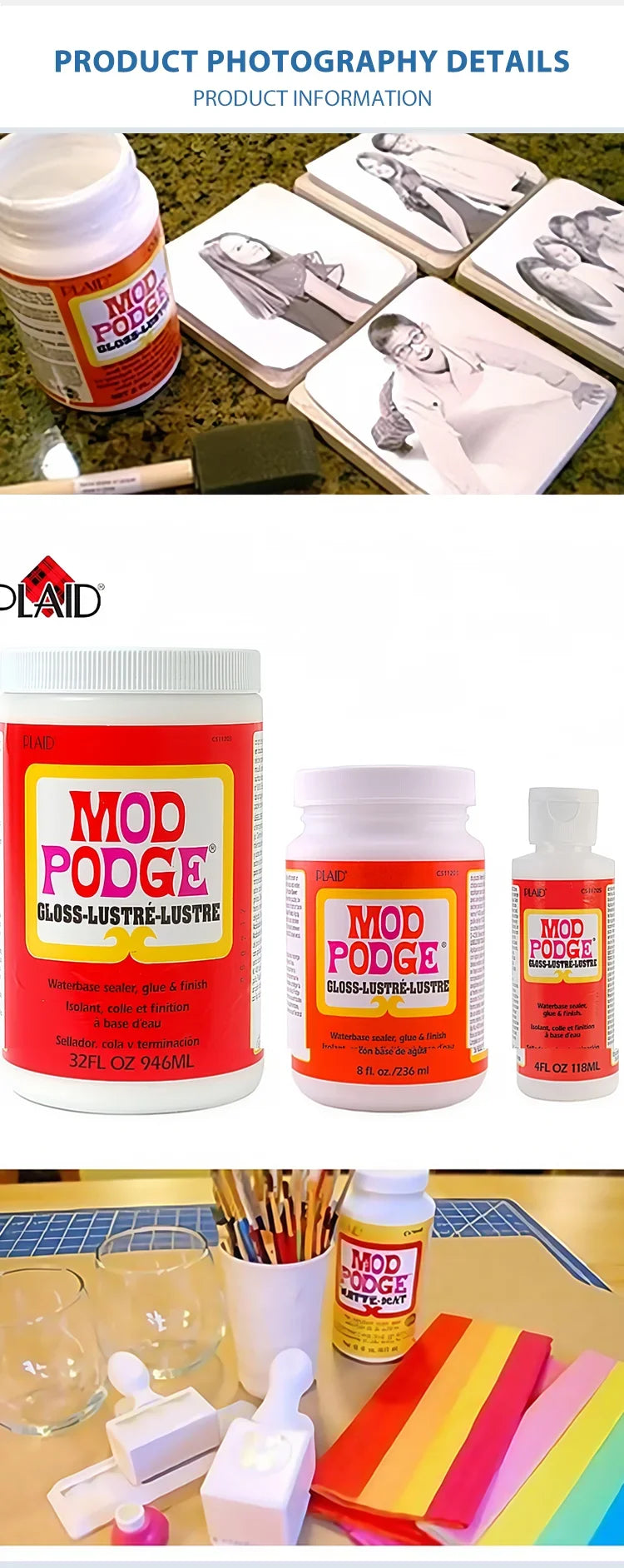 Mod Podge Gloss Sealer Glue Finish for Paper Wood Fabric Craft Quick Dry Non Toxic Clear Coating 2oz 4oz 8oz - Original Product