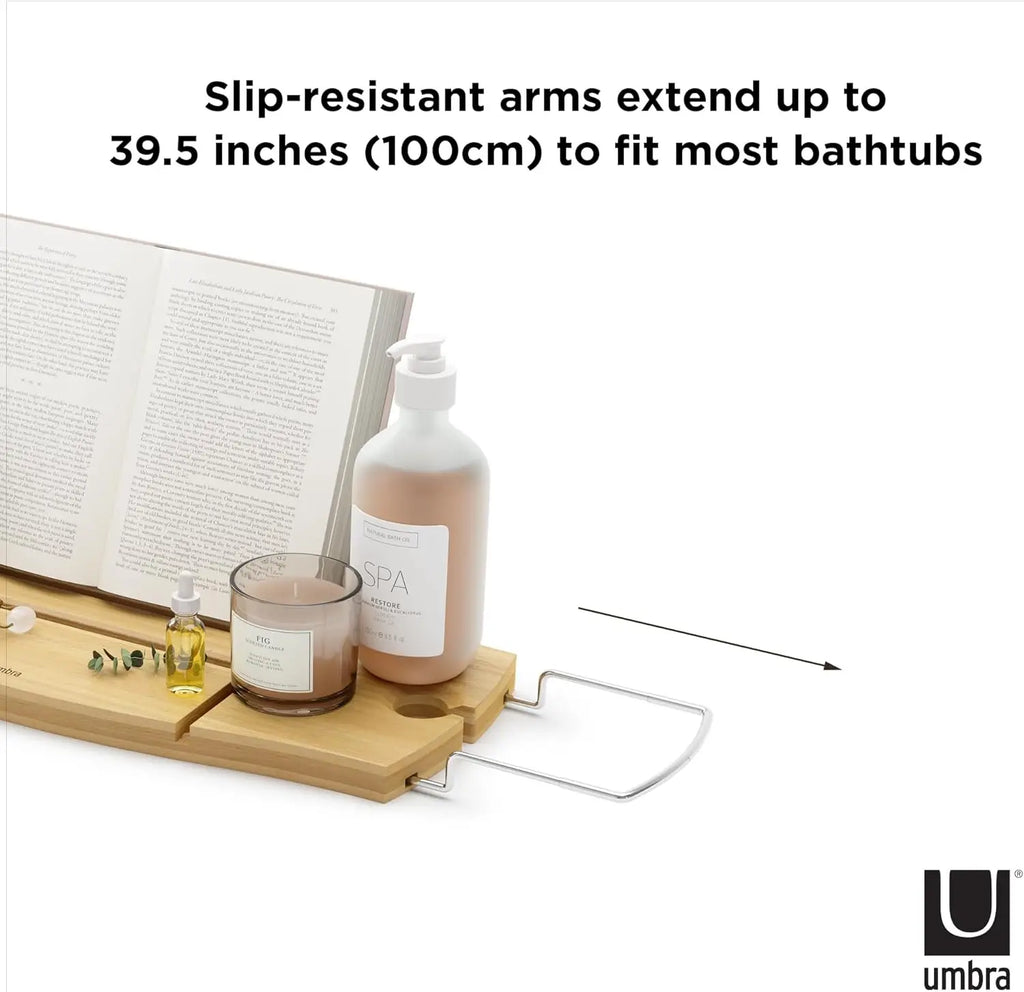 Extendable Bathtub Tray with Book Stand, Wine Glass Holder, and Phone Slot for Relaxing Baths