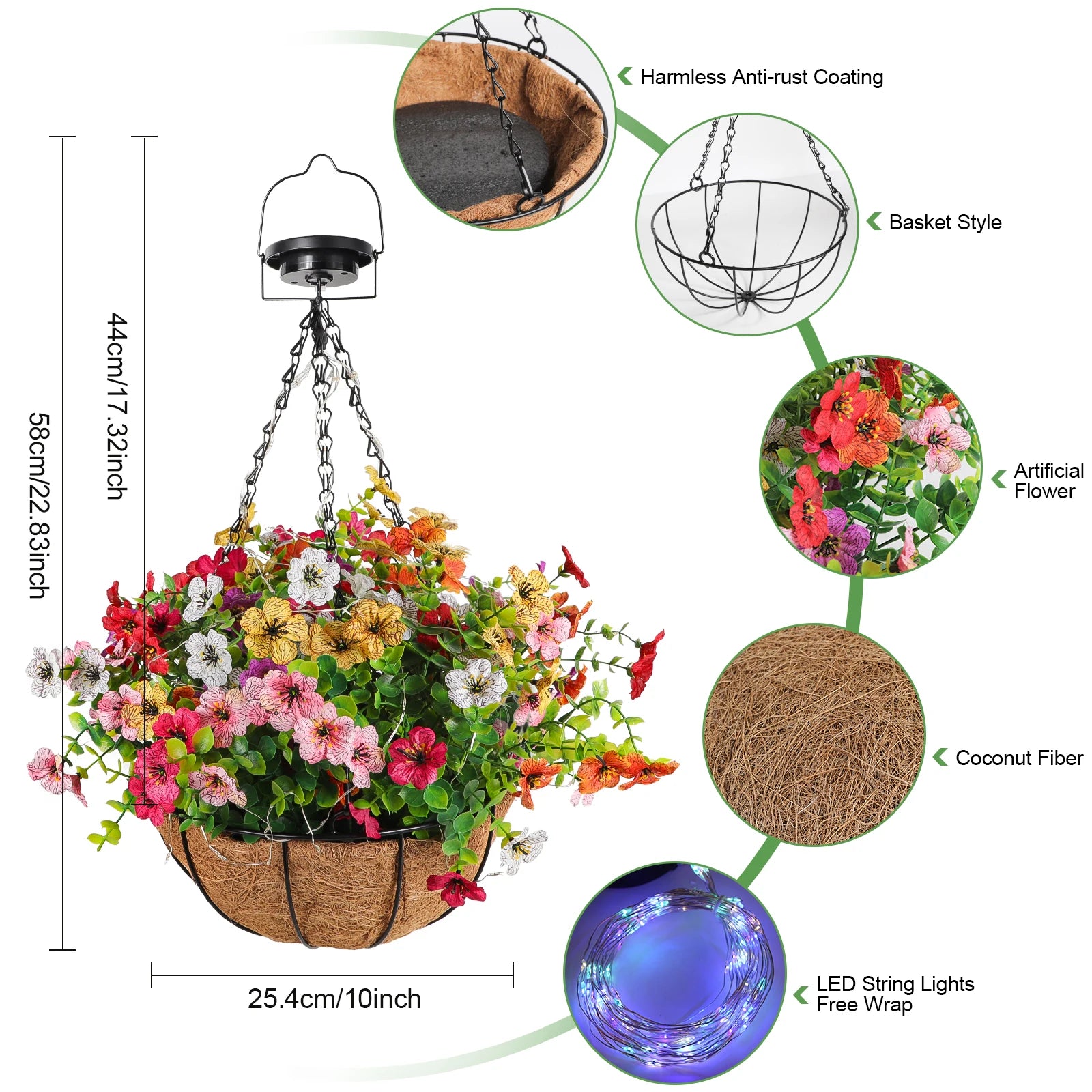 Solar-Powered Hanging Flower Basket Lights Outdoor Porch Lawn Christmas Garden Decor DIY Copper Wire RGB Lights with Solar Panel