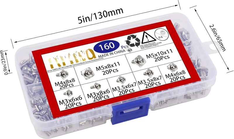 1/2 Box (160Pcs/box) M3 M3.5 M4 M5 Terminal Block Screws Assortment Kit with Square Washers Nickel Plated Carbon Steel Screws