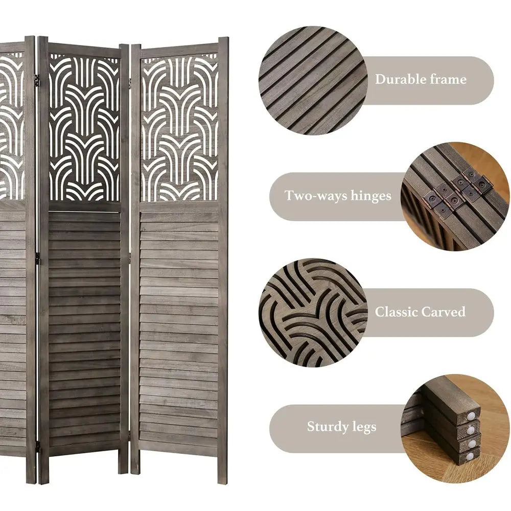 4-Panel Wooden Carved Privacy Screen, 66.9 Tall, Portable Room Divider, Suitable for Home, Office, Restaurant, Bedroom (Gray)