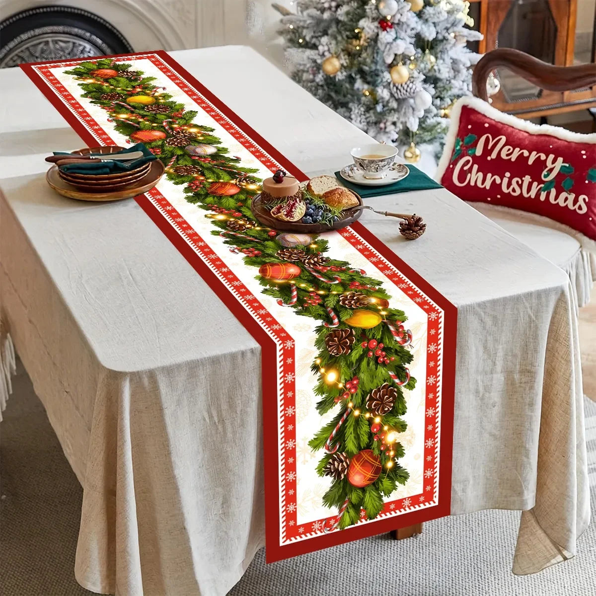 Christmas Poinsettia Table Runner Merry Christmas Decoration for Home 2025 Xmas Navidad Notal Noel Tablecloth New Year 2026 Gift