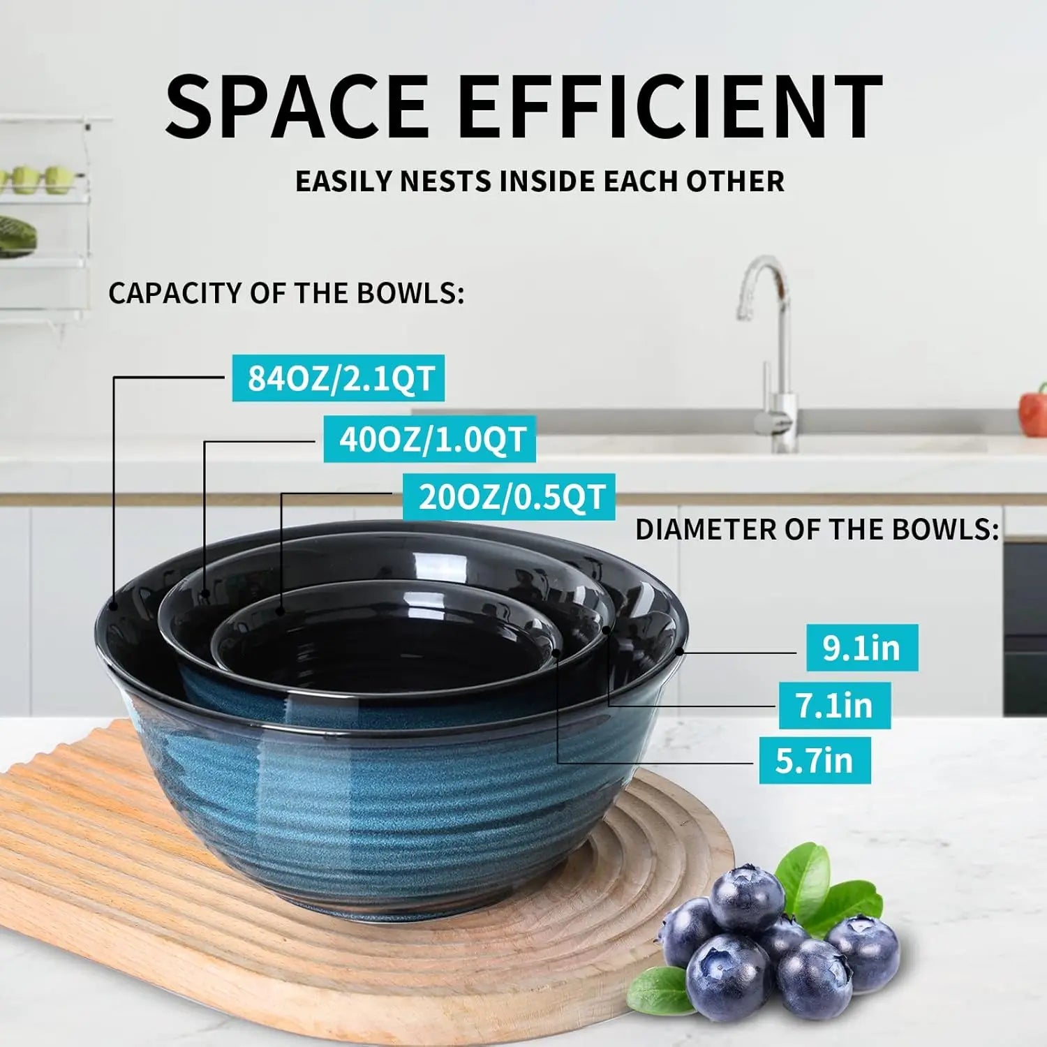 Ceramic Mixing Bowls Set, 3 Nesting Bowls for Kitchen Baking and Serving, Microwave Safe Blue Design